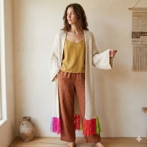 Anthropologie Long Fringe Cardigan Sweater Womens One Size Cream Chunky Rainbow